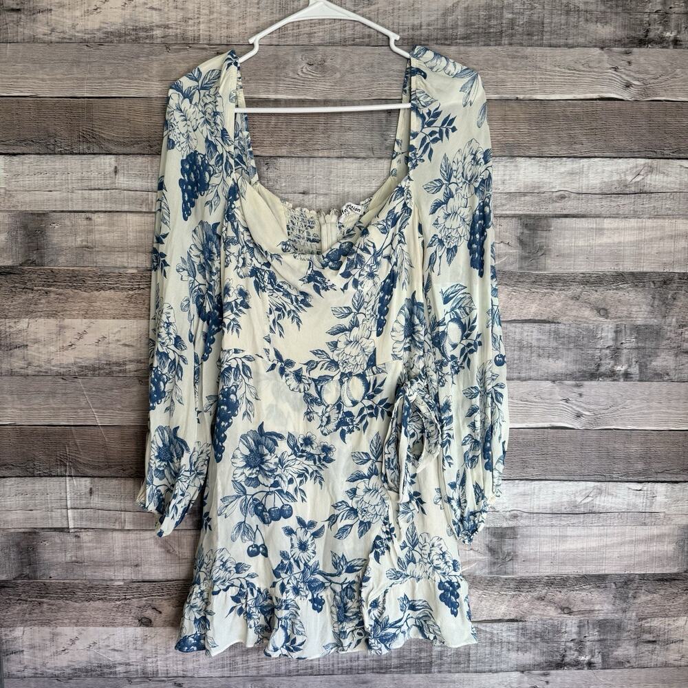 REFORMATION Cammi Mini Dress Corsica Blue Women Size 8 Floral LS Cottage Core